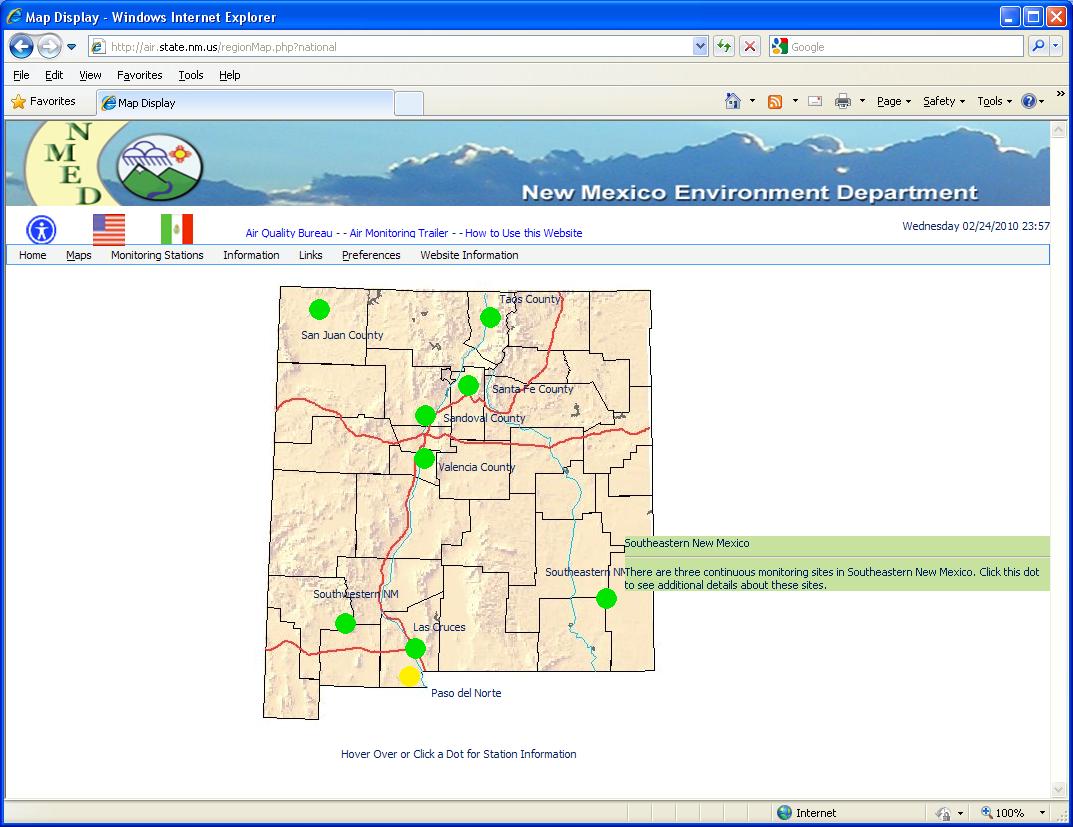 Envitech Europe EnviWeb AQM Station Map-Example fron Mew Mexico Site.This map reflecting the entire state, while the green spots representing the regions. The mouse is now moving on the Southeastern New Mexico Region.Clicking on it will display the Region Map for this region, as will appear in the "Region Map" section.