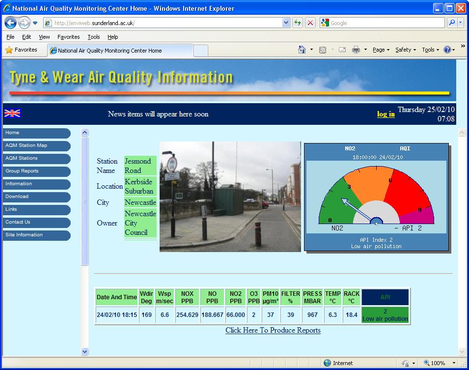 Envitech Europe EnviWeb Station Information Summary-Example for "Jesmond Road" station, indicate its picture, last recieved data and a chart that follows the user's selection. Now the user has selected to present in the chart the air quality index of the station. Another option is to display a graph for a pullutant or a rose for wind direction channel.
