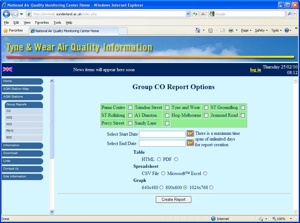 Envitech Europe EnviWeb Group Report Dialog Box. The monitors you should check in order to include in the reports appear on this dialog box named after thier station, because they are all CO monitors.