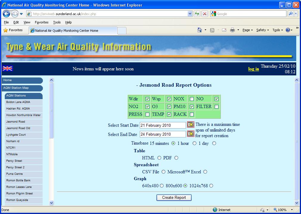 Envitech Europe EnviWebStation Report Dialog Box - Example for "Jesmond Road" AQM/CEM station. The user should check the relevant monitors that will be included in the report and set start & end date, time base and plot type: Table, Spreadsheet or Graph.