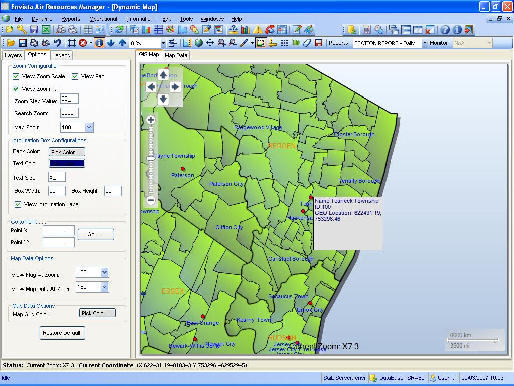 Envitech Europe Envista ARM Dynamic Map-Example from NJ Map including several stations (red dots) while the mouse is over "Teaneck Township" station and the popup window indicate its name, ID and location