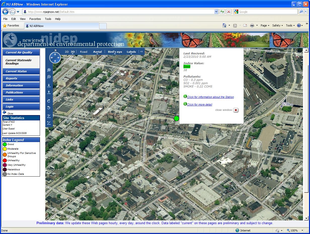 Envitech Europe EnvistaWeb Bird's Eye Map that is a high quality close viewing of the 3-dimensions area map. In this example you can see the popup card of a station in NJ indicating its pollutants, air quality index and an option to display the station information screen.